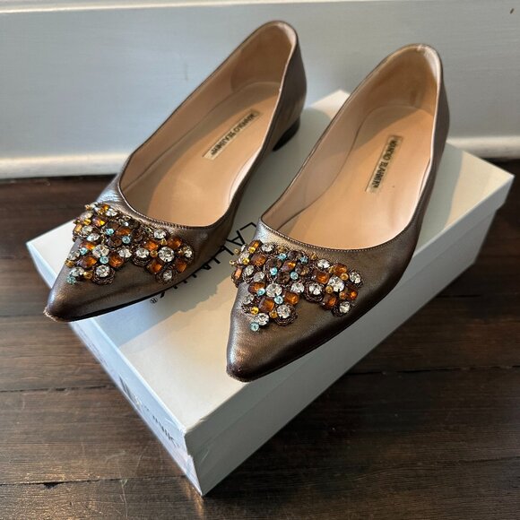 Manolo Blahnik Bonze Leather Jeweled Flats - sz 37 - Picture 2 of 16